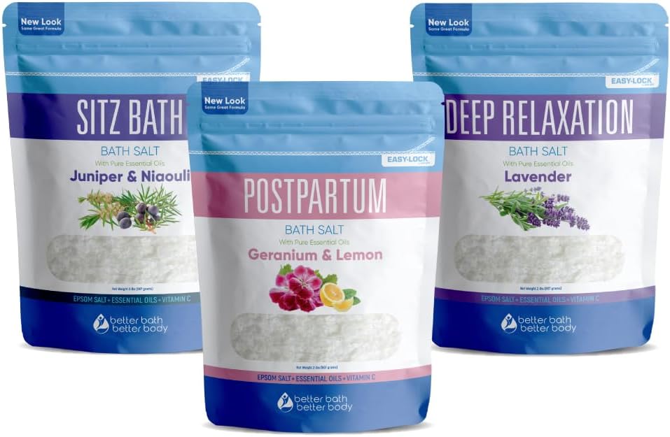 Postpartum Bath Bundle (3 Pack of 2 Lbs Total 6 Lbs) Soothing Soaks with Sitz Salt and Deep Relaxation Bath Salt with Natural Pure Essential Oils in BPA Free Pouch Made in USA