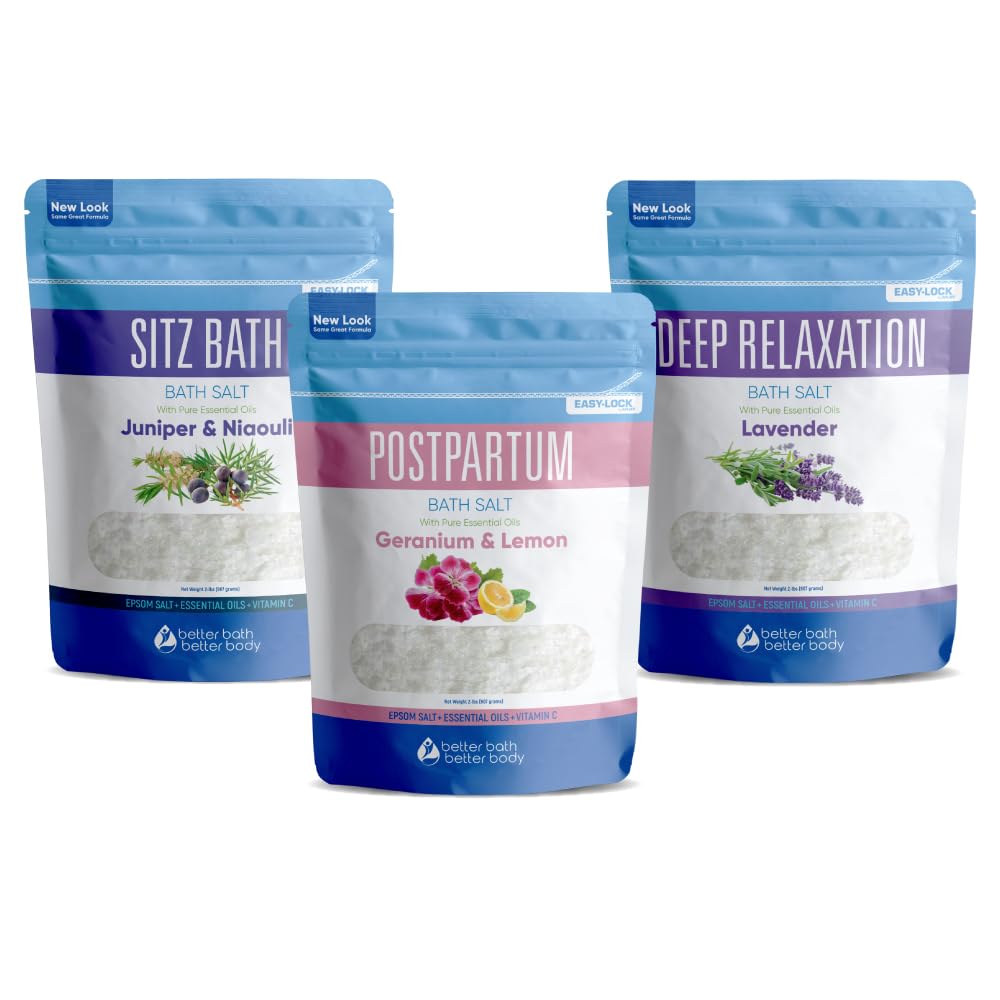 Postpartum Bath Bundle (3 Pack of 2 Lbs Total 6 Lbs) Soothing Soaks with Sitz Salt and Deep Relaxation Bath Salt with Natural Pure Essential Oils in BPA Free Pouch Made in USA