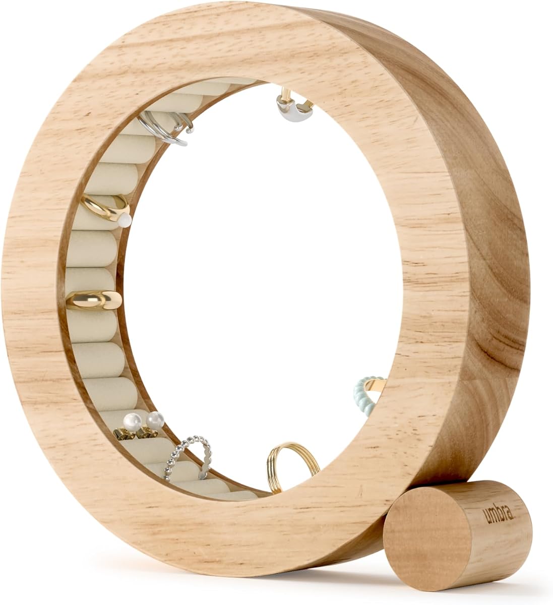 Umbra FERRIS ORGANIZADOR DE JOYAS NATURAL | Almohadas para anillos acolchadas con terciopelo, construcción de madera renovable, diseño fácil de limpiar