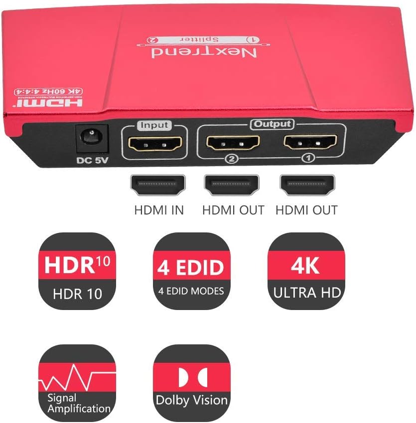 4K 60HZ HDR 1x2 HDMI 2.0 Splitter, NexTrend Powered Alloy 1 In 2 Ports HDMI Display, Intelligent Auto Scalling, Supports 3D Full HD1080P, Compatible with Xbox PS3 PS4 Fire Stick Roku Blu-Ray Player TV