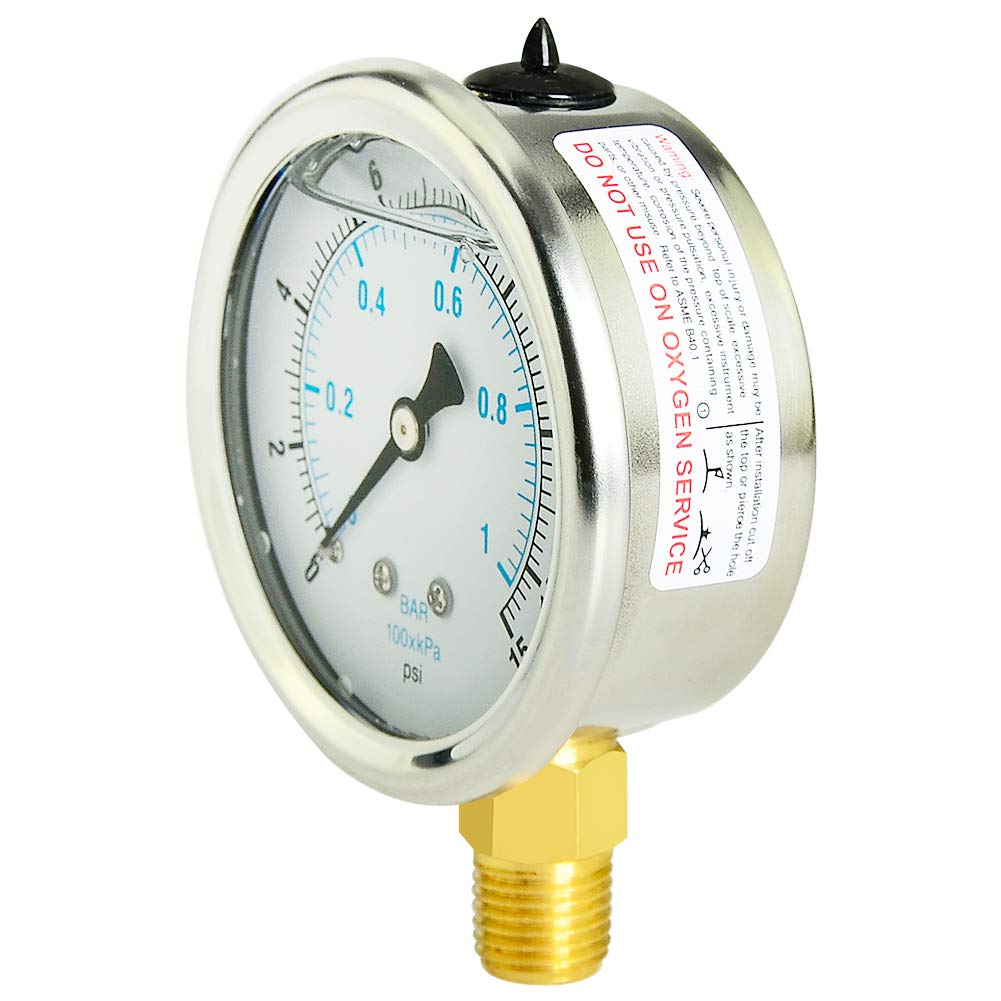 Taisher Liquid Filled Pressure Gauge, 0-15psi/kpa, 304 Stainless Steel Case, 1/4"NPT Lower Mount: Industrial & Scientific