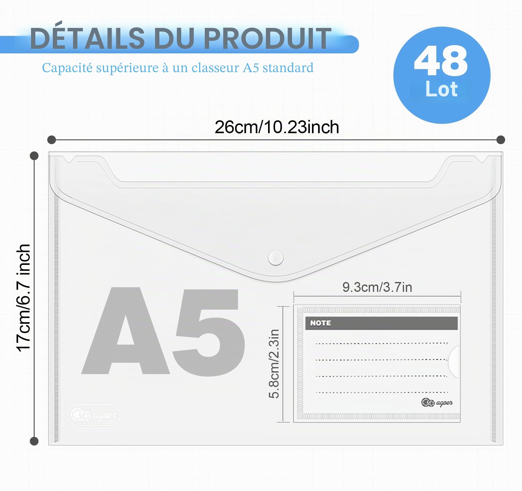Lot de 48 porte-documents DIN A5 avec bouton pression transparent A5 avec pochette pour étiquettes pour factures, reçus, documents