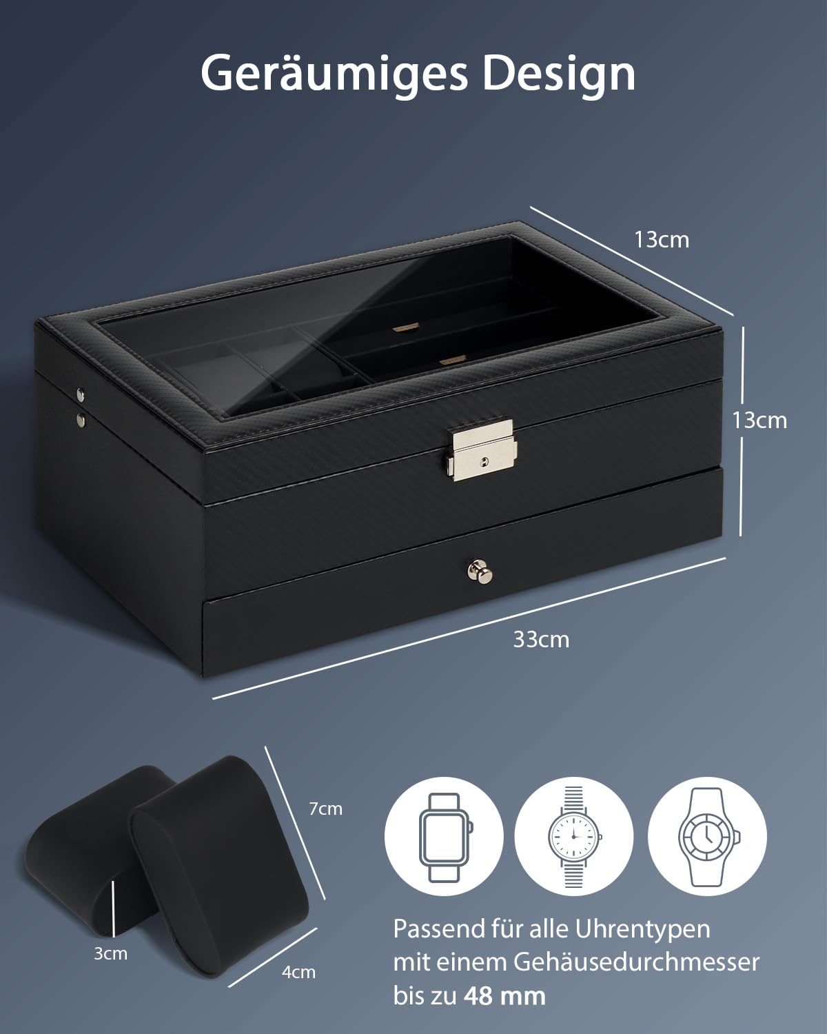 Uhren- und Sonnenbrillenbox mit Glasdeckel – Schmuckkasten für Herren, 6 Fächer, 2 Ebenen, Uhrenetui mit Schloss, Aufbewahrungsbox & Display – Vatertagsgeschenk, Geschenk für Männer