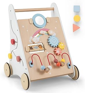 BABY JOY Wooden Baby Walker, Push and Pull Sit-to-Stand Learning Walker Activity Center, Toddler Montessori Educational Toy, Develops Motor Skills & Stimulates Creativity, Push Walker for Boys Girls