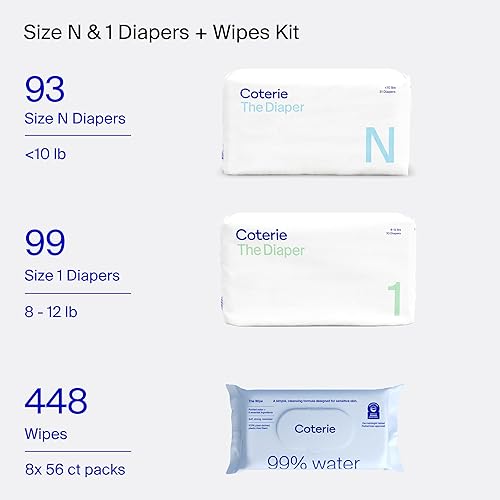 Miniatura 2 de Coterie Kit de toallitas y pañales para bebés, tamaño 1 (99 unidades) y tamaño de pañales para recién nacidos (93 unidades), paquete de 8 (448)