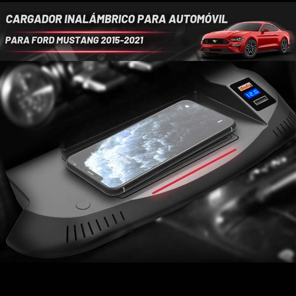 Cargador Inalámbrico Coche para Ford Mustang 2015 2016 2017 2018 2019 2020 Consola Central Accesorios Panel 15W Carga Rápida Auto Teléfono Cargador con QC3.0 USB Puerto para iPhone Samsung