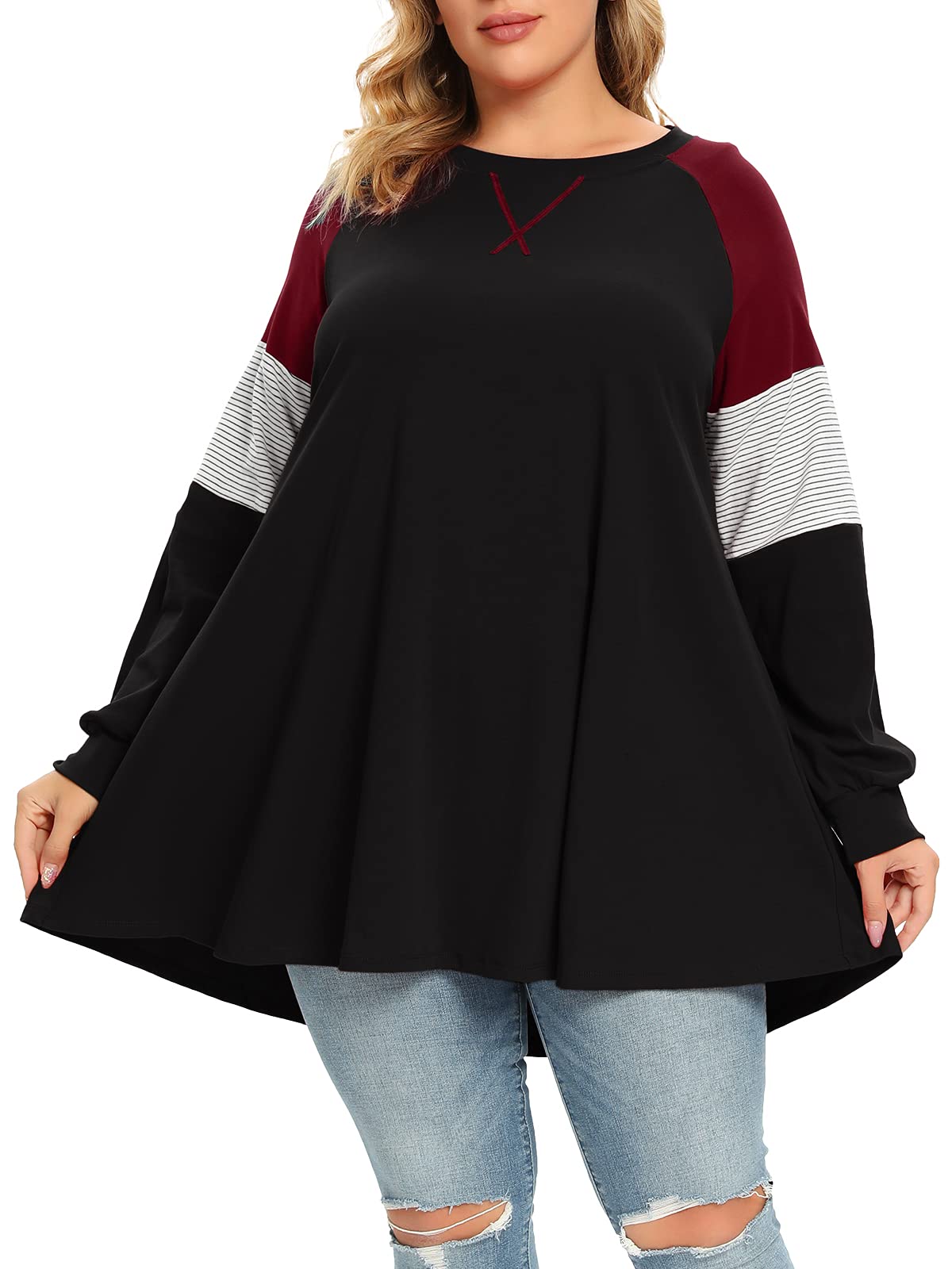 Plus Size Sweatshirts for Women Long Sleeve Oversized Tunic Tops Striped Raglan Casual Pullover Shirts