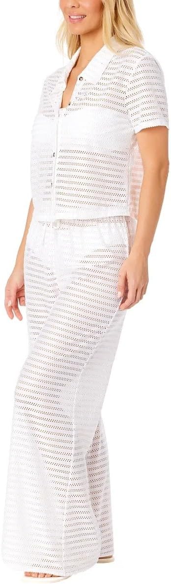 Hurley Women's 2 Piece Crochet Swim Cover Up Set, Short Sleeve Top and Pant (White, Large)