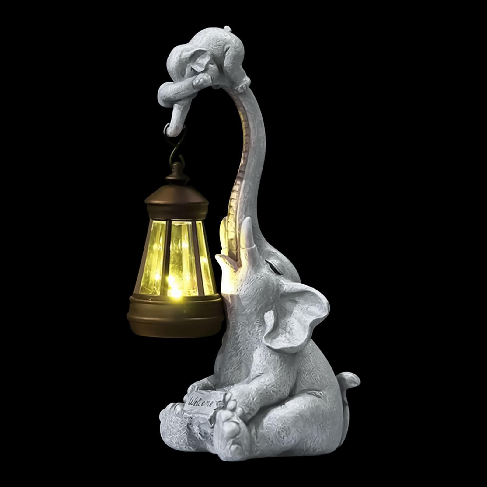 Sculpture éléphant de jardin en résine sculptée avec lanterne solaire LED haute finition