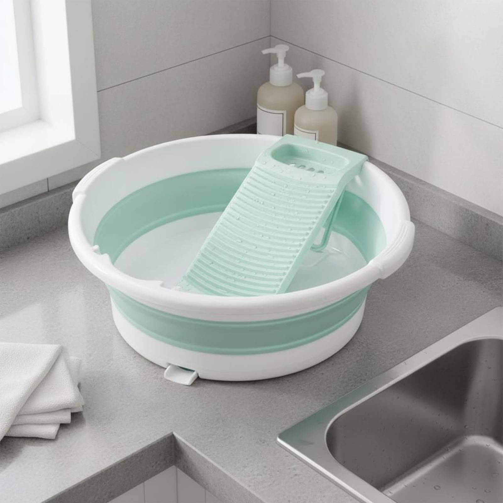 Lavabo Pieghevole con Asse Lavapanni Bacinella Portatile Catino Richiudibile Vasca per Lavatrice Manuale Materiale PP con Tappo di Scarico Sapone, Grigio, 8064 Auto Drain