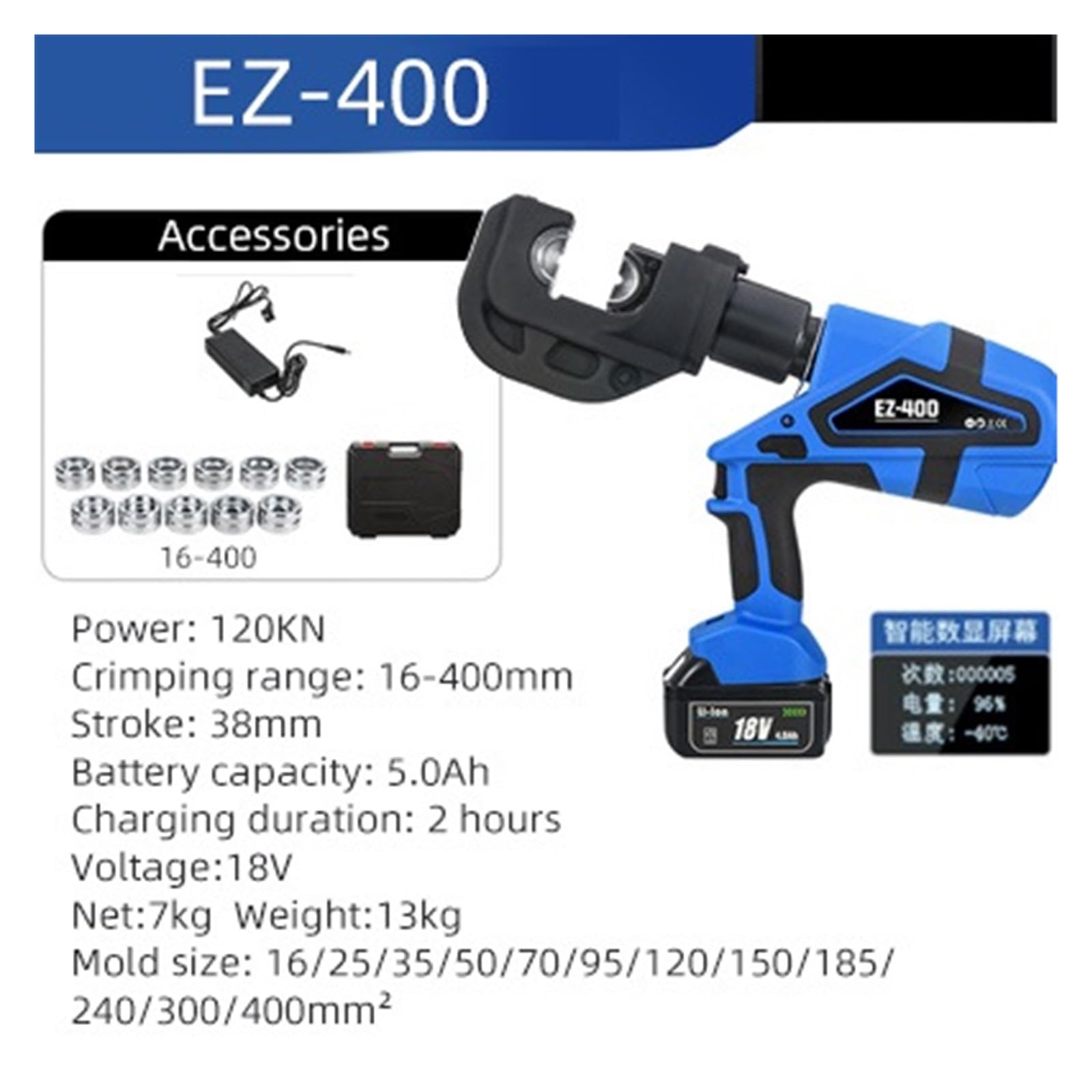 Pinze Idrauliche Elettriche EZ-300/EZ-400 Cavo Ricaricabile Rame E Terminale in Alluminio Pinza A Crimpare Batteria al Litio 18V Compatto, Portatile, Potente (Color : Set 4)