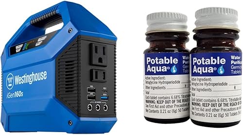 Westinghouse - Estación de energía portátil de 155 Wh y 150 W + tabletas de purificación de agua potable (2 x 50 unidades)
