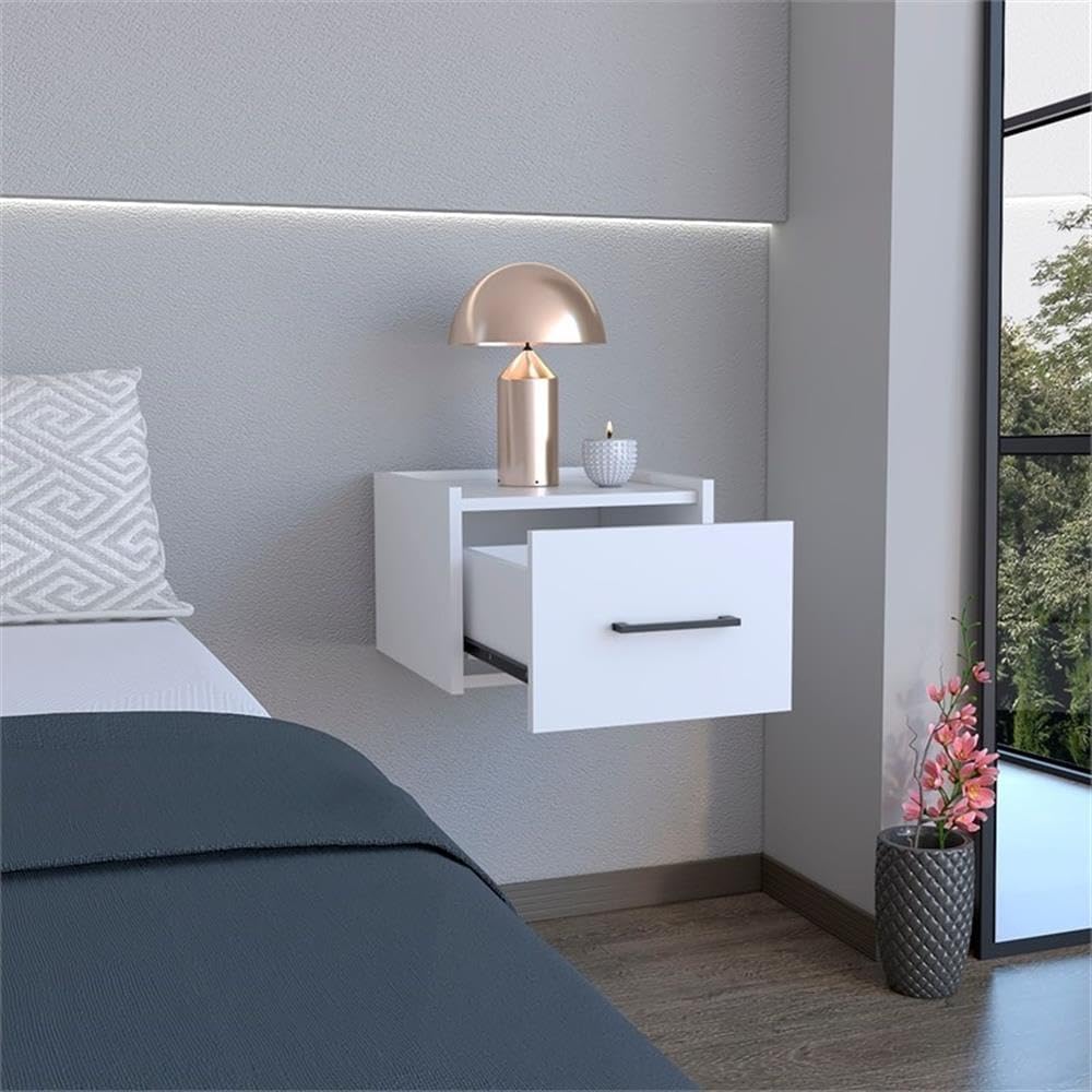 DEPOT E-SHOP Yorktown Floating Nightstand, Space-Saving Design with Handy Drawer and Surface, White