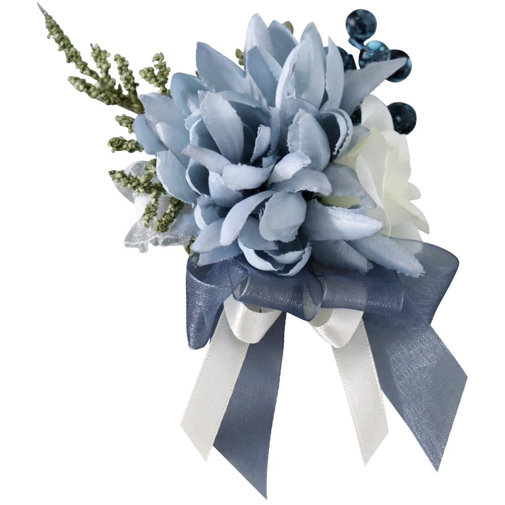 HUFFA Vintage Blue Wedding Lapel Flower for Groom & Artificial Wrist Corsage for Bride & Bridesmaids - Perfect for Prom & Banquet Celebrations(Wristflower)