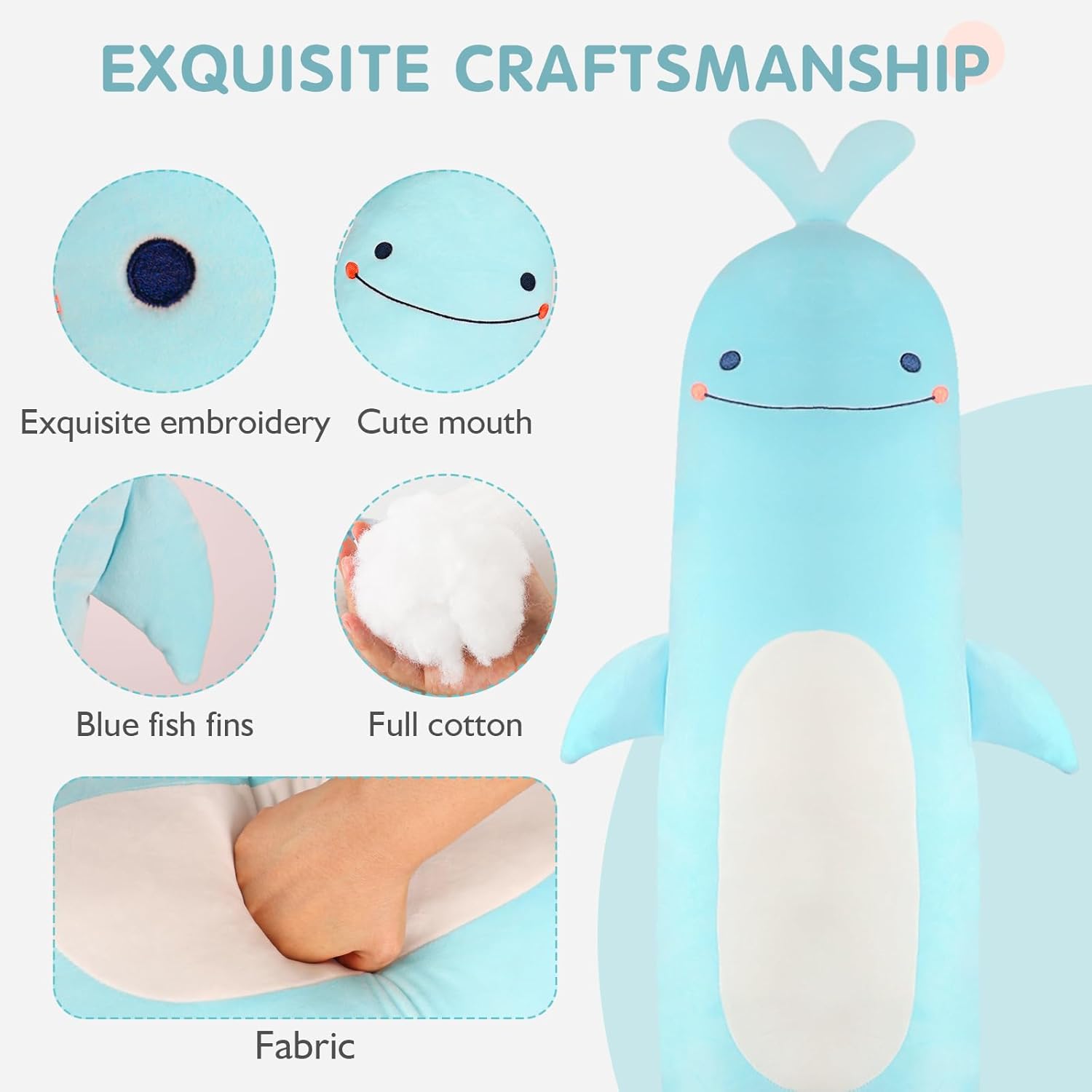 Tianmihou 36 inch Whale Stuffed Animals Long Pillow Toy, Cute Giant Large Big Jumbo Soft Whale Shark Squishy Animal Plushies Gift Kids Boys and Girls, Birthday
