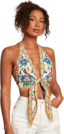 KATECLO Backless Halter Neck Top for Women | Strapless Sleeveless Cami Crop | Stylish Blouse | Tie Knot Beachwear | Hot Dr...
