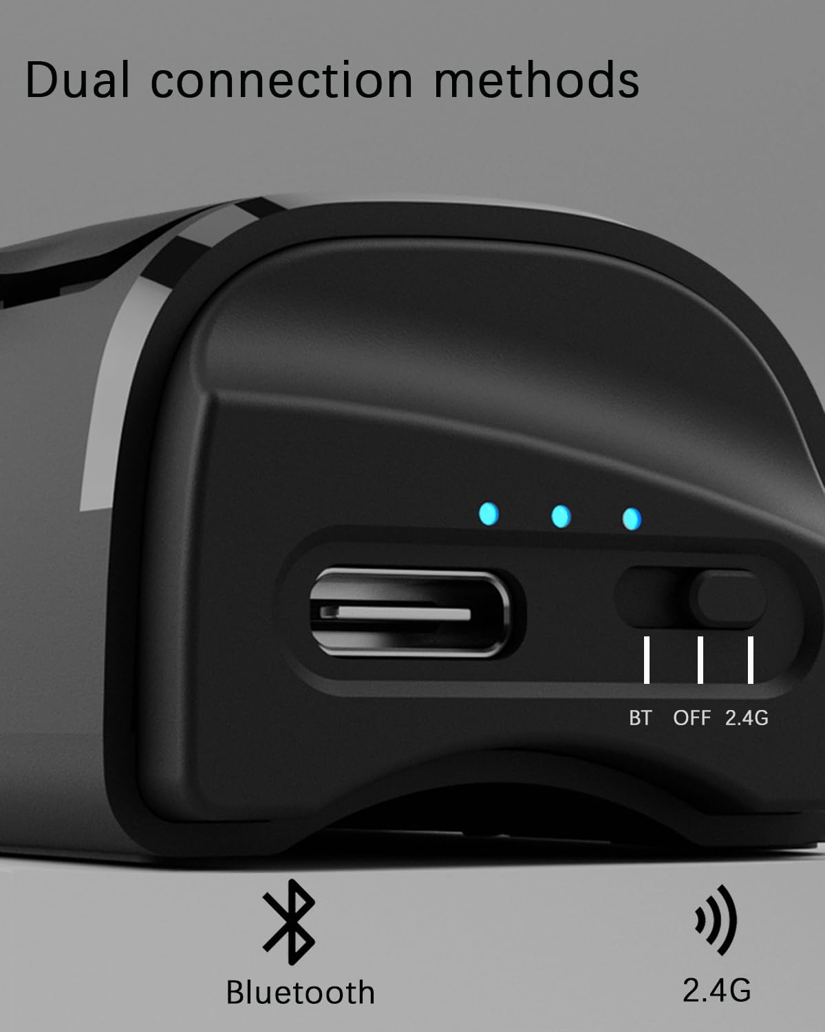 Geyes Mini Finger Mouse showing the switch for Bluetooth, Off, and 2.4G modes