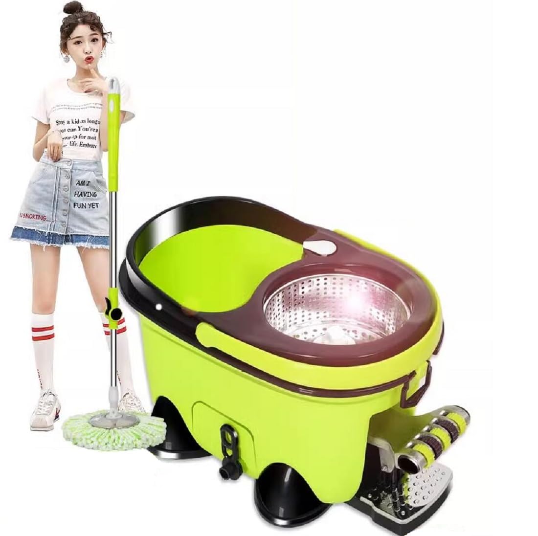 Juego De Cubo De Fregona para Suelos Giratoria con Pedal - Mango Telescópico 111-132Cm - Juego De Fregona Y Cubo, Mopas De Limpieza De Suelos con 4 Almohadillas De Microfibra,Verde