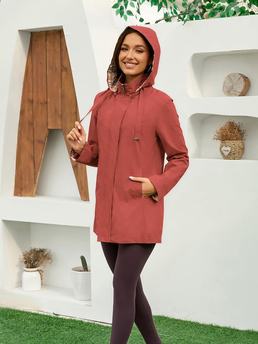 Womens Long Hooded Rain Jacket Waterproof Outdoor Hiking Raincoat Windbreaker Lightweight Trench Coat