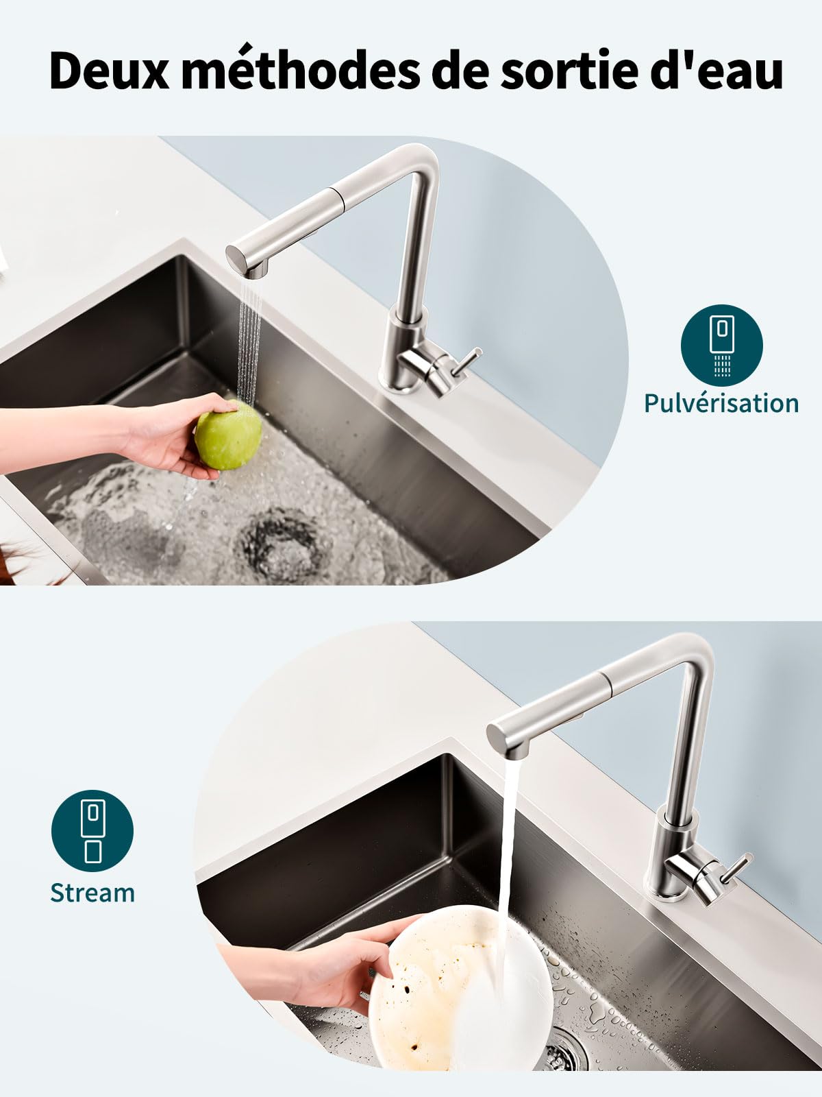 Hiqufet Robinet Cuisine, Bec Haut en Acier Inoxydable avec Rotation à 360°, Deux Modes et Installation DIY Facile, Nickel Brossé