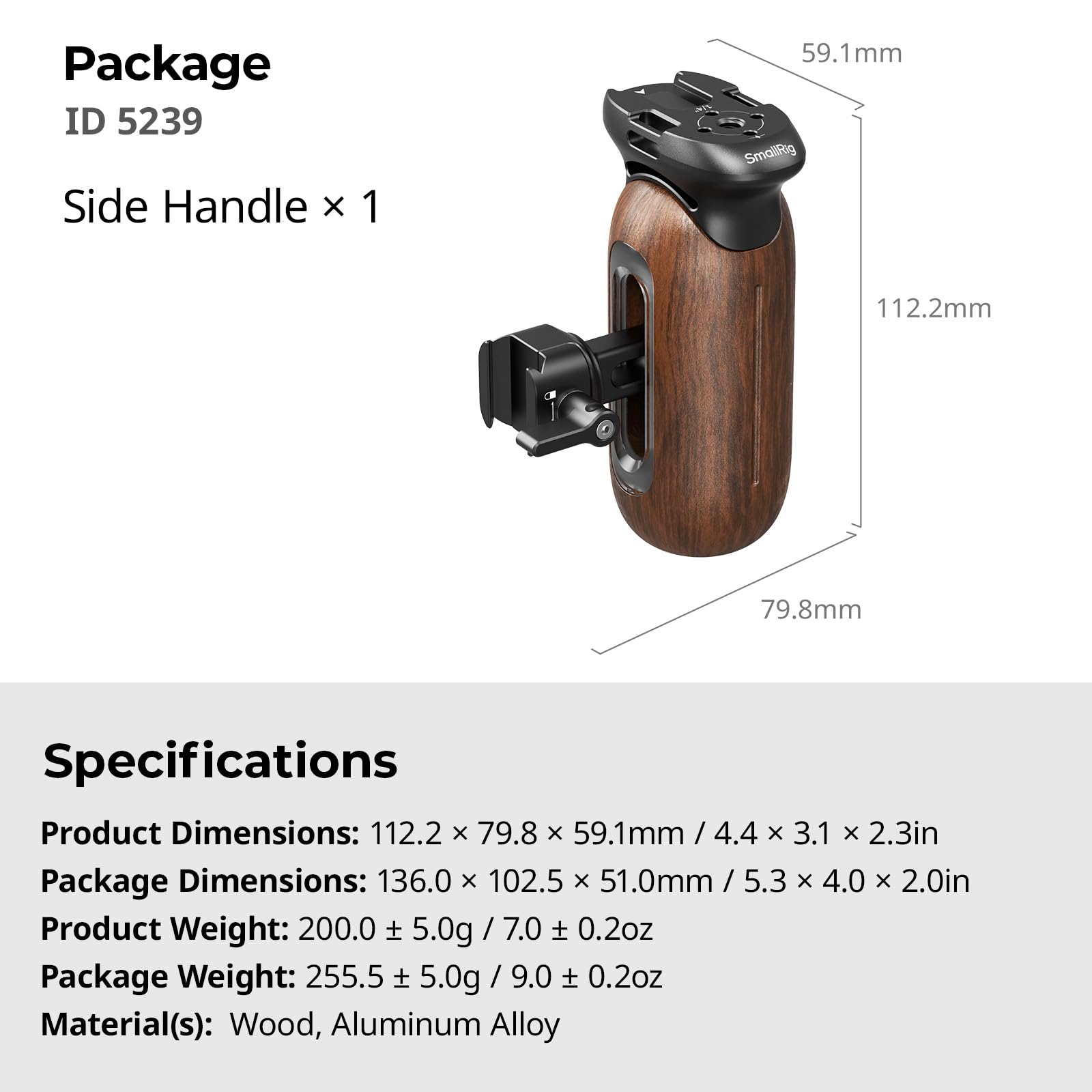 SmallRig Maniglia laterale in legno per gabbie per fotocamera con morsetto NATO, impugnatura ergonomica sinistra o destra, 27 mm / 1,06 pollici, regolazione verticale su / giù, 15 kg / 33,1 lb - 5239