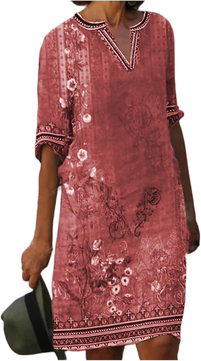 OIOLOYJM Plus Size Summer Dresses for Women 2025 Plus Size Dresses for Curvy Women 3/4 Sleeve Casual Boho Kaftan Dresses