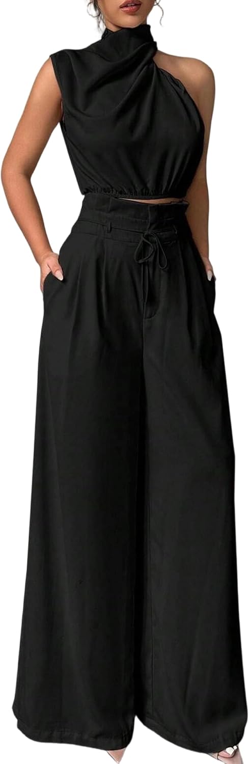 2 Piece Sets for Women Sleeveless Crop Top and Wide Leg Pants Going Out Outfits