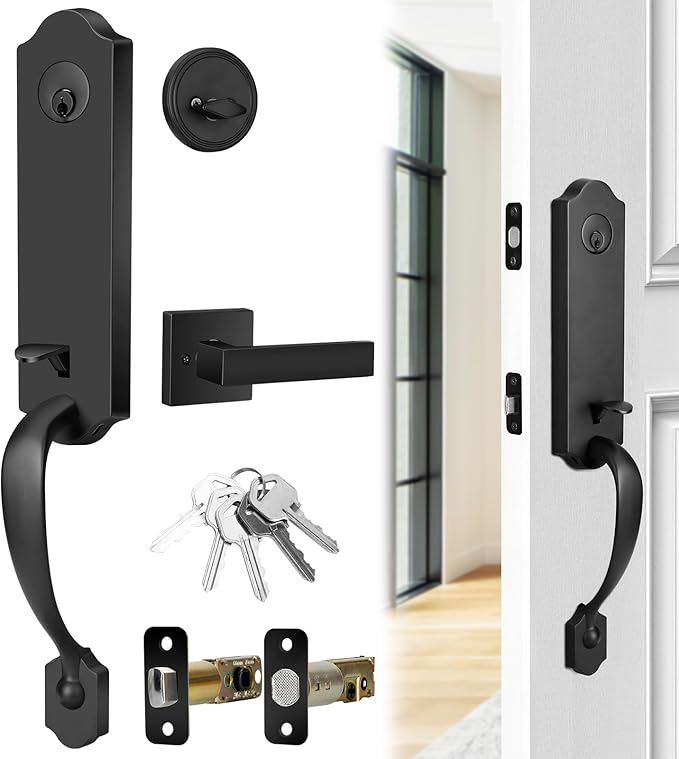 BACEKOLL Front Door Handle Set, Mechanial Front Door Lock Set, Black