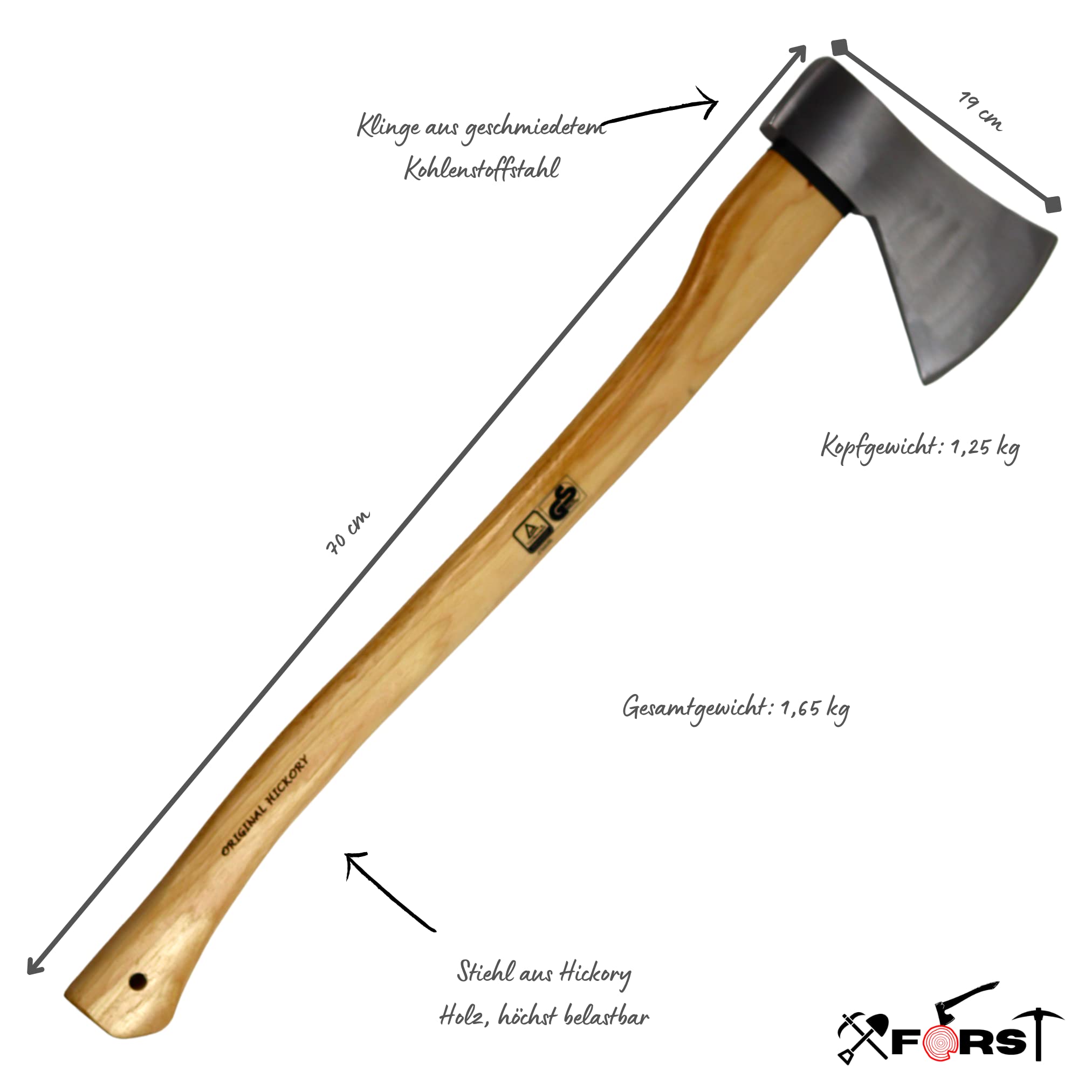 Xforst Hache forestière UW12 – Hache à fendre 70 cm en Acier Carbone avec Manche en Bois de Hickory + étui