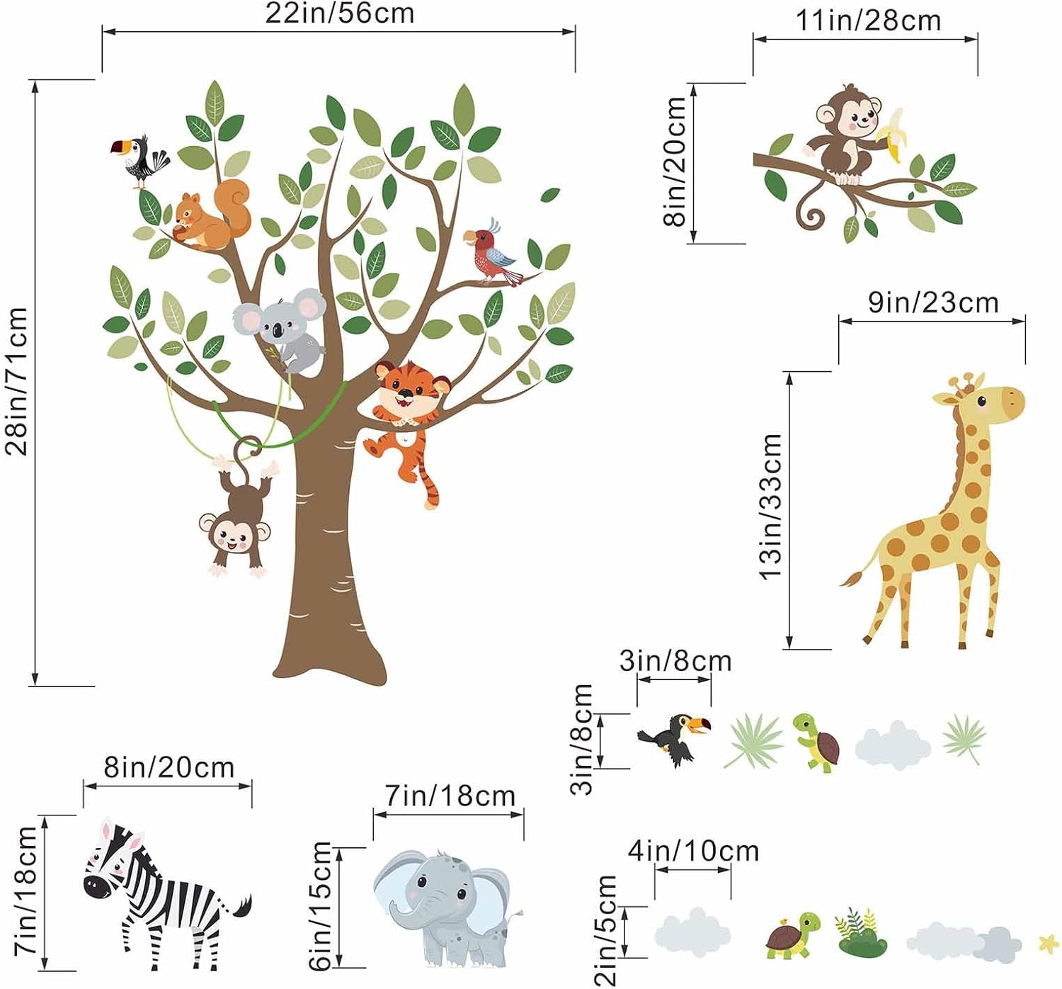 Animals Wall Decals for Nursery Baby: Safari Jungle Animal Peel and Stick Removable Vinyl Wall Stickers Kids Room Decor Boys or Girls