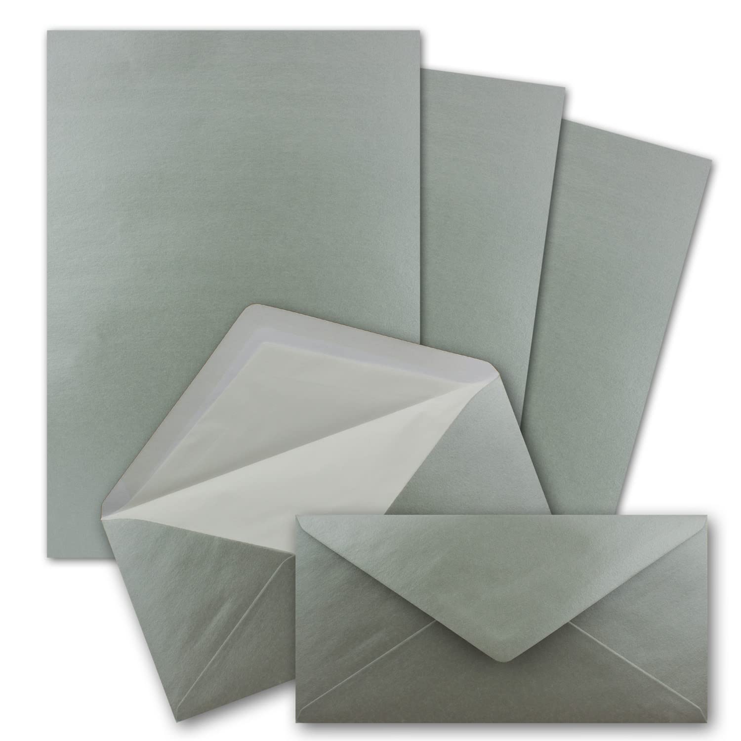 Set di 300 buste di carta da lettere formato DIN A4 e DL, foderate con fodera in seta bianca, incollaggio a umido, colore: argento