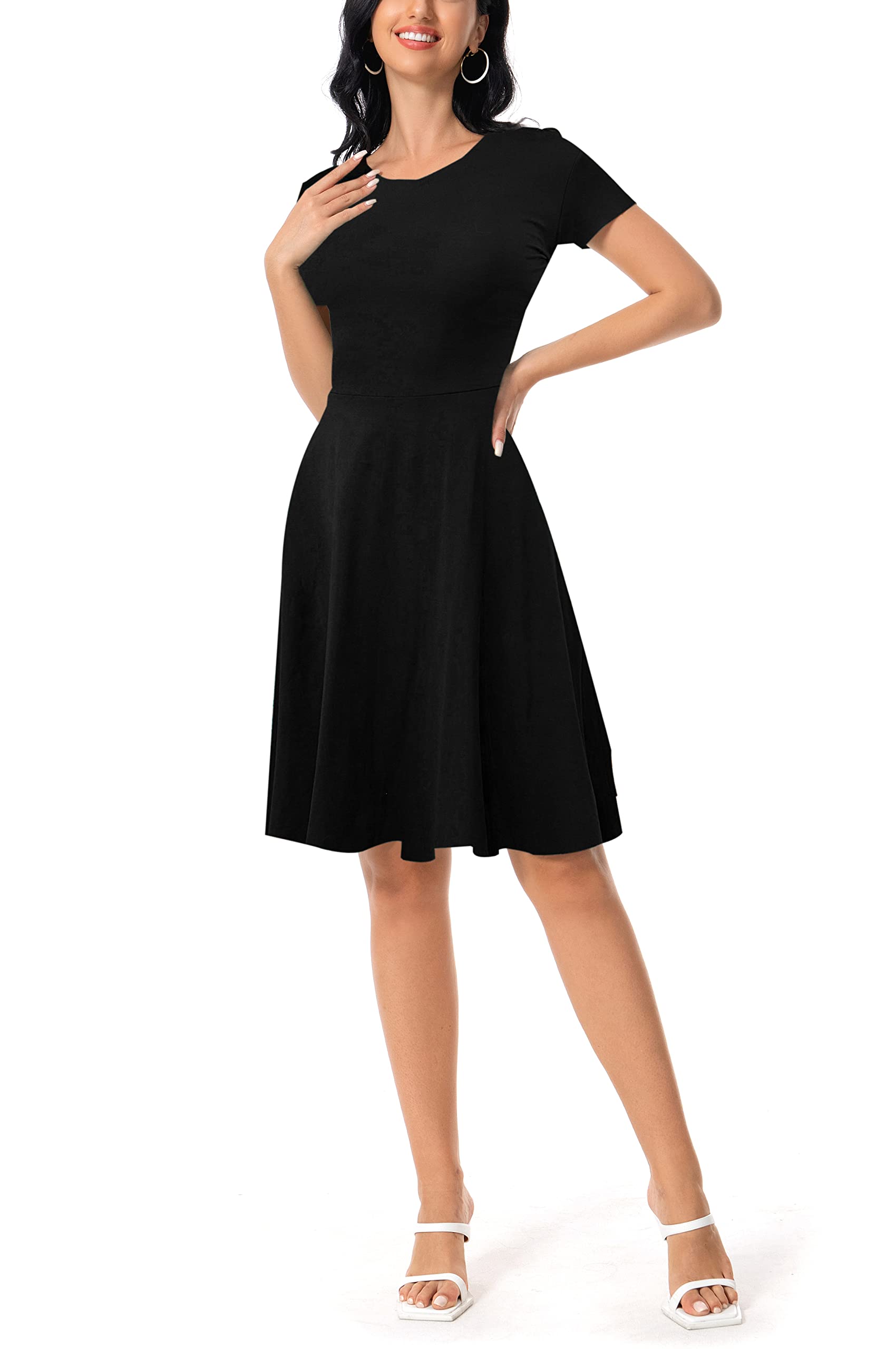 MicroStar Summer Casual Women Short Sleeve Round Neck A Line Fit and Flare Knee Length Skater Sun Dress