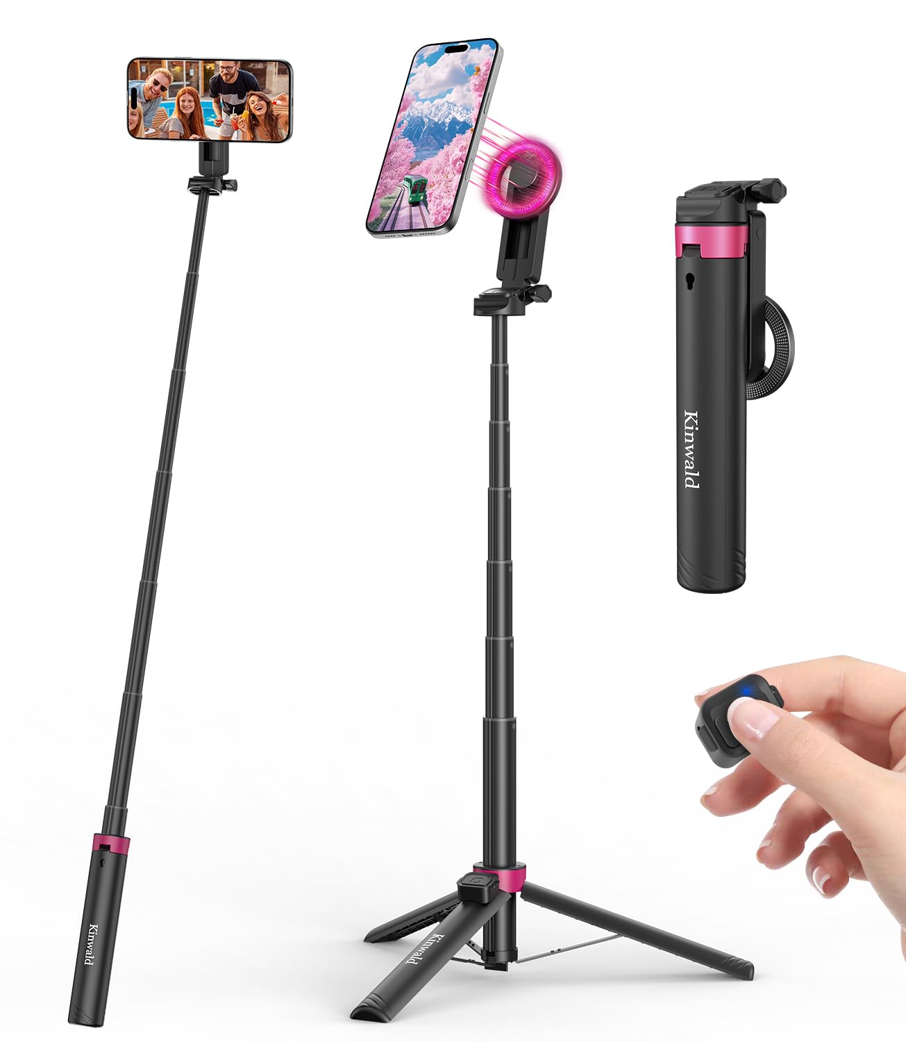 treppiede per telefono nero con telecomando e bastone magnetico