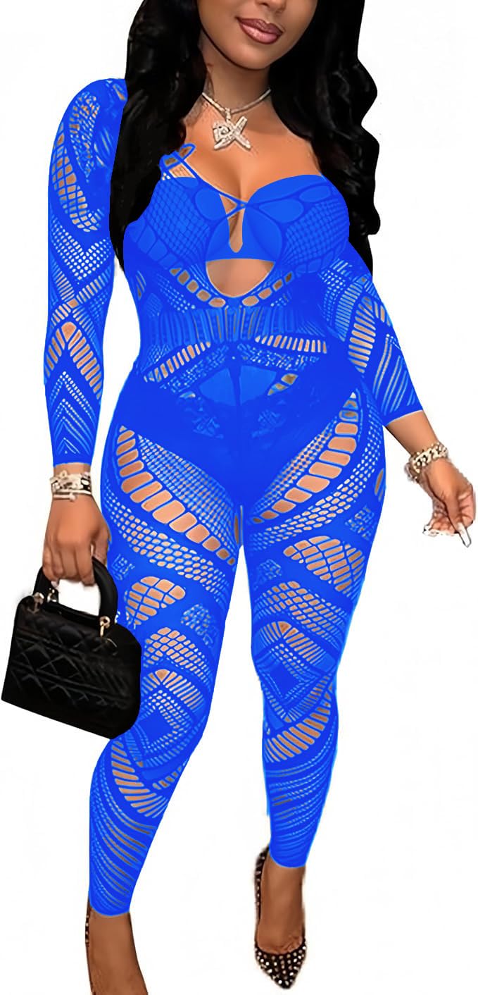 k.SELLOUT Sexy Womens Fishnet Bodystocking Cut Out Lingerie Mesh Bodysuit One Piece Babydoll Rave Outfits (F-Blue)