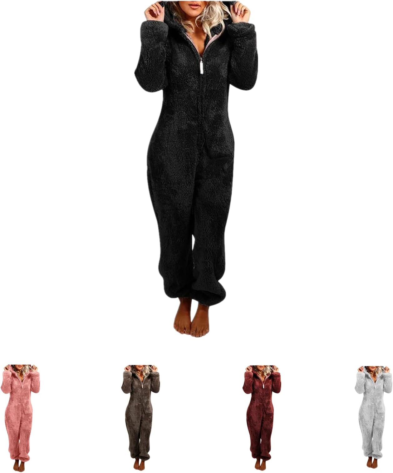 AotifuWomen's Fleece Onesies Zip Up One Piece Hooded Pajamas Cozy Solid Color Plush Sleepwear Lazy Autumn Winter Warm Loungewear