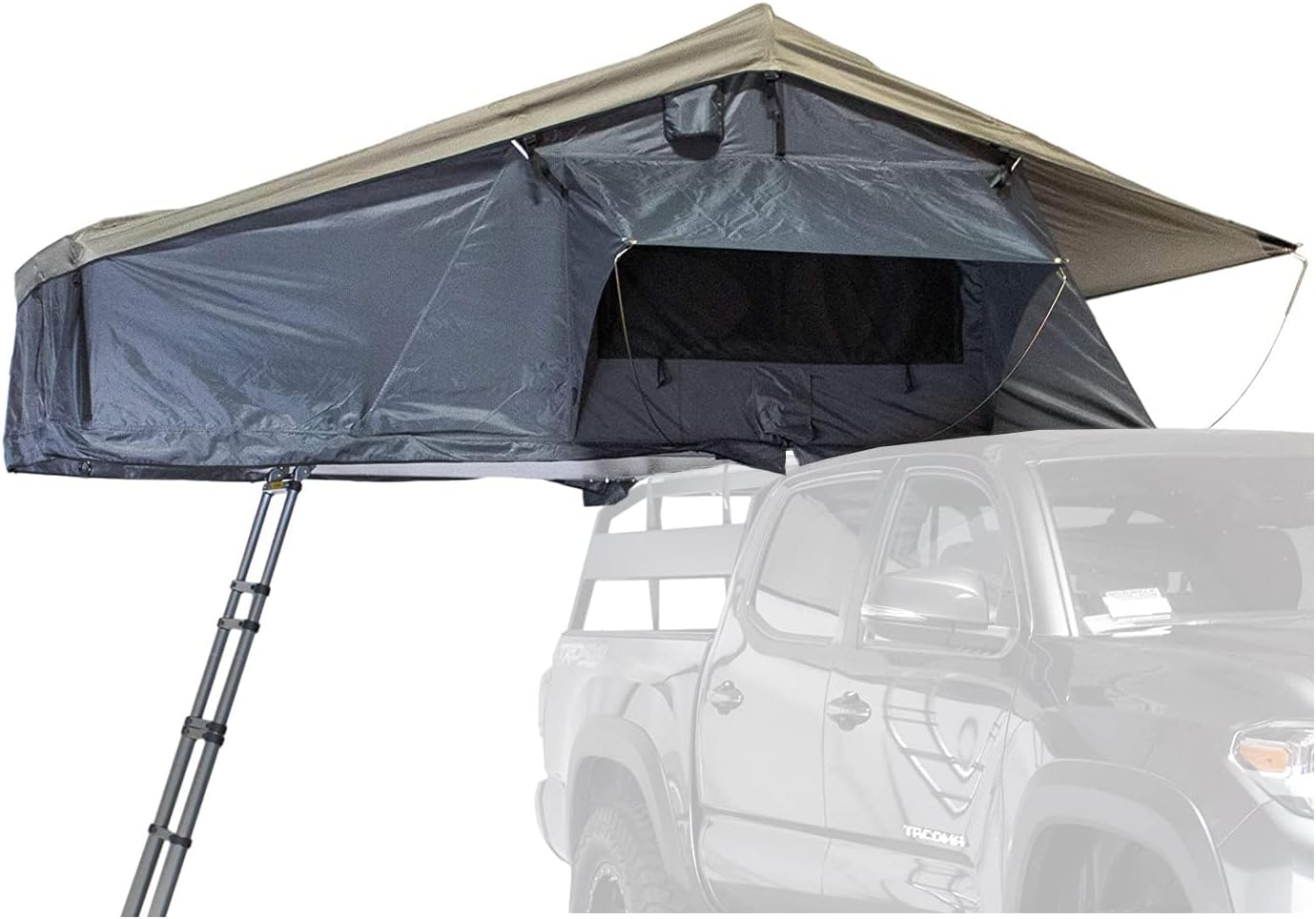 Overland Vehicle Systems HD Nomadic 3 Extended Soft Shell Roof Top Tent - Dark Gray Base with Green Rain Fly & Black 1000G PVC Travel Cover - Black Aluminum Base