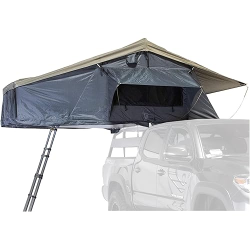 Overland Vehicle Systems HD Nomadic 3 Extended Soft Shell Roof Top Tent - Dark Gray Base with Green Rain Fly & Black 1000G PVC Travel Cover - Black Aluminum Base