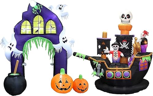 Paquete de dos decoraciones de fiesta de Halloween, incluye esqueletos inflables de Halloween de 7 pies en barco pirata, y arco inflable de castillo