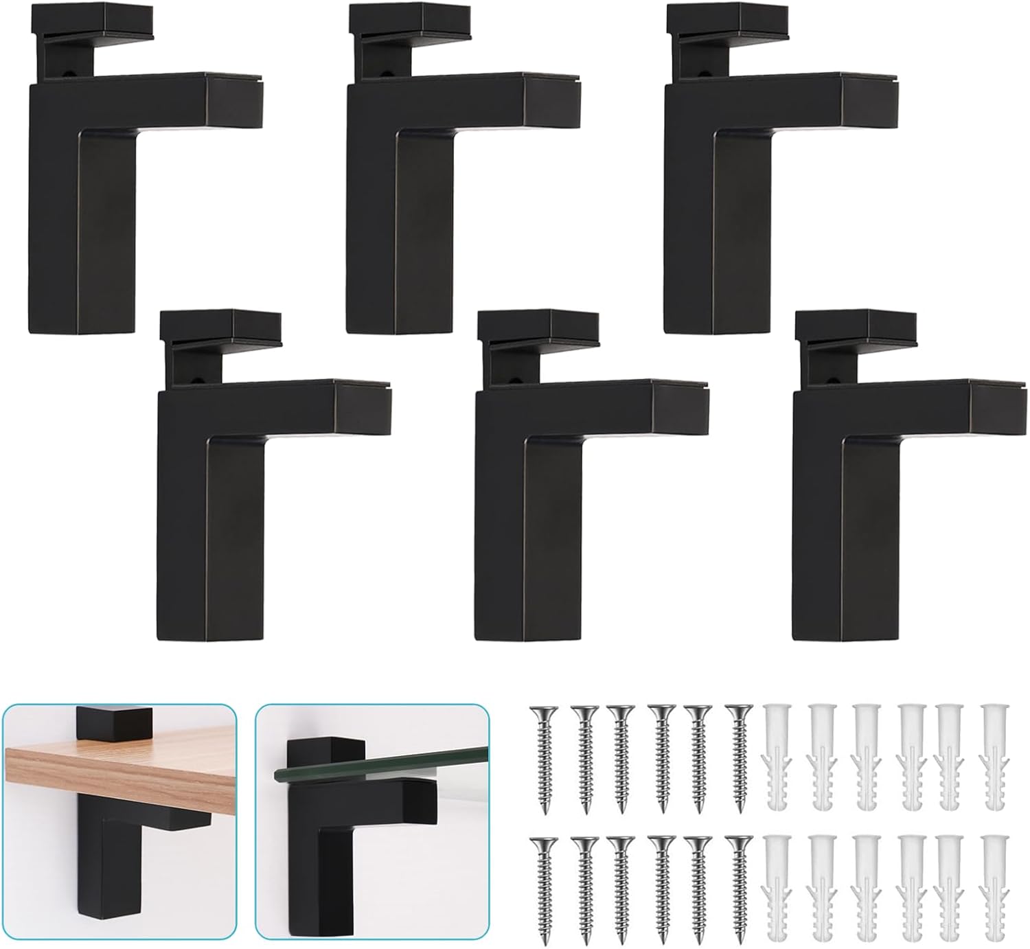 Adjustable Glass/Wood Shelf Brackets 6 Pcs Heavy Duty Zinc Alloy Clamp Holders for 3~28mm Thickness, Wall Mount Support for Bathroom Kitchen Garden, Rust Resistant