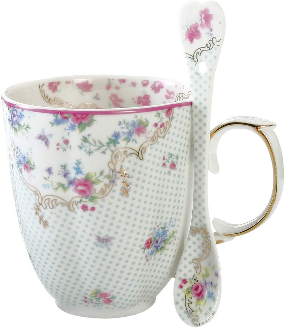 Coffee Mug with Spoon Set Royal Bone China Tea Cup 12 Oz for Specialty Coffee Drinks, Latte, Cafe Mocha and Tea, Unique Gift for Women, Valentine's Day, Anniversary, Birthday and Holiday (Blue)