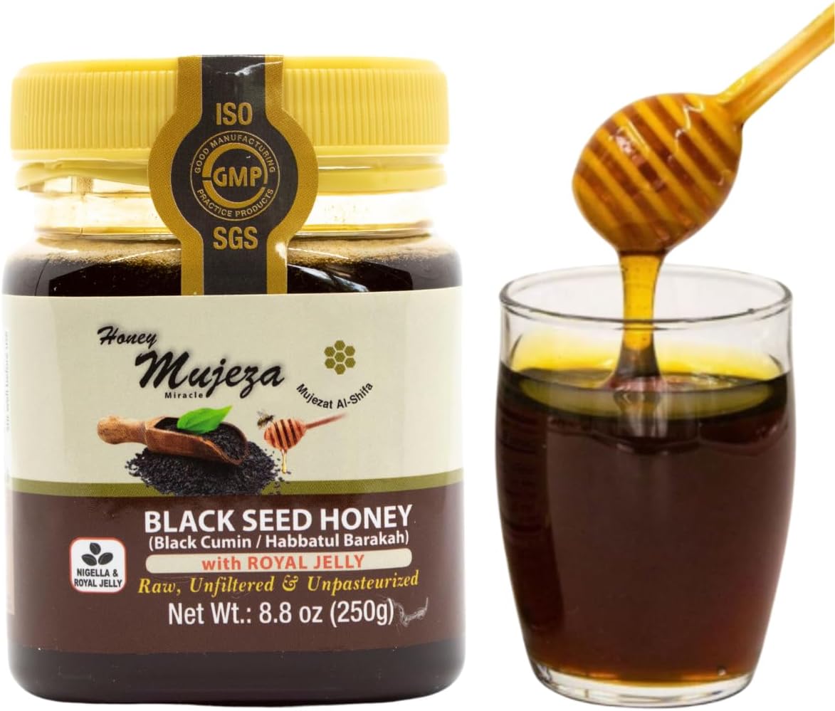 Black Seed Honey with Royal Jelly - Not Mixed with Oil or Powder - Gluten Free - Non GMO - Organic Honey - Immune Booster - 100% Natural Raw Honey (250g /8.8oz)
