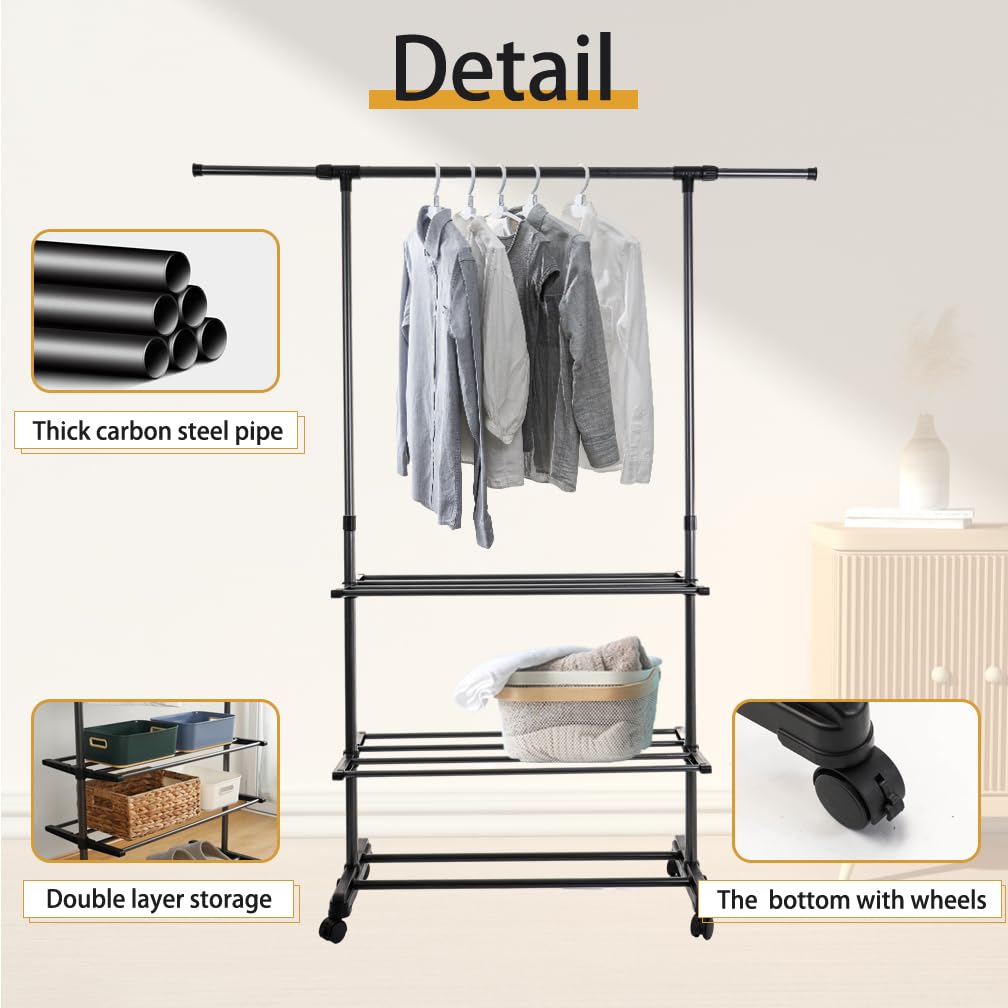 Hershii Adjustable Clothes Rack with 2 Shelves and Wheels Single Rod Clothing Hanging Rail 85-140cm L Garment Storage Stand Mobile Coat Organizer for Bedroom Living Room - Image 3