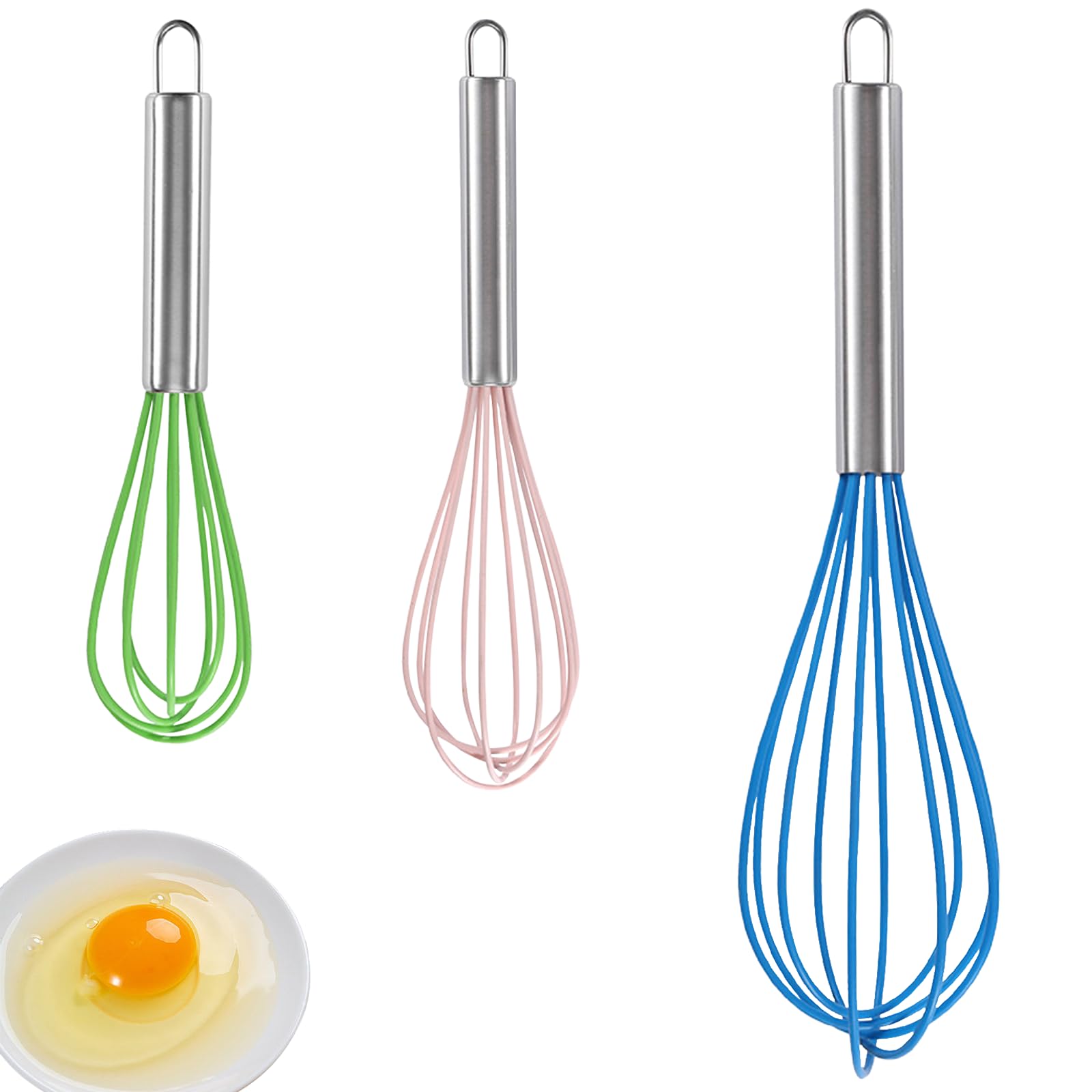 3 batidores de huevos de silicona, Batidora de Huevos Manual Varilla Para Batir 8 pulgadas 10 pulgadas y 12 pulgadas varillas cocina, para Mezclar Batir Espumar y Revolver (verde rosa y azul)