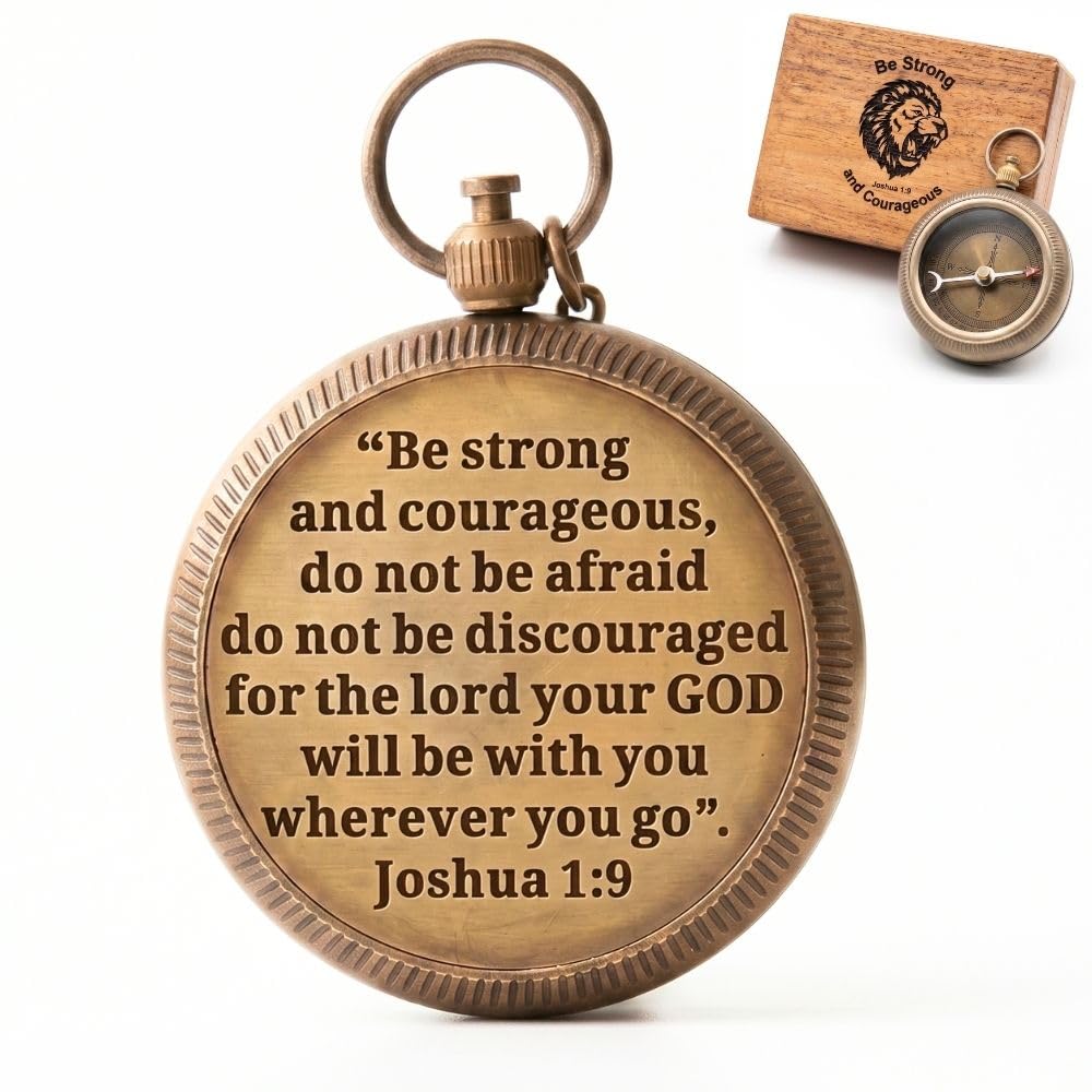 Courage Compass – Solid Brass with Joshua 1:9 Bible Verse “Be Strong and Courageous” – Lion Engraved Wooden Case – Christian Gift for Men, Faith, Strength, Bravery, Military, Graduation