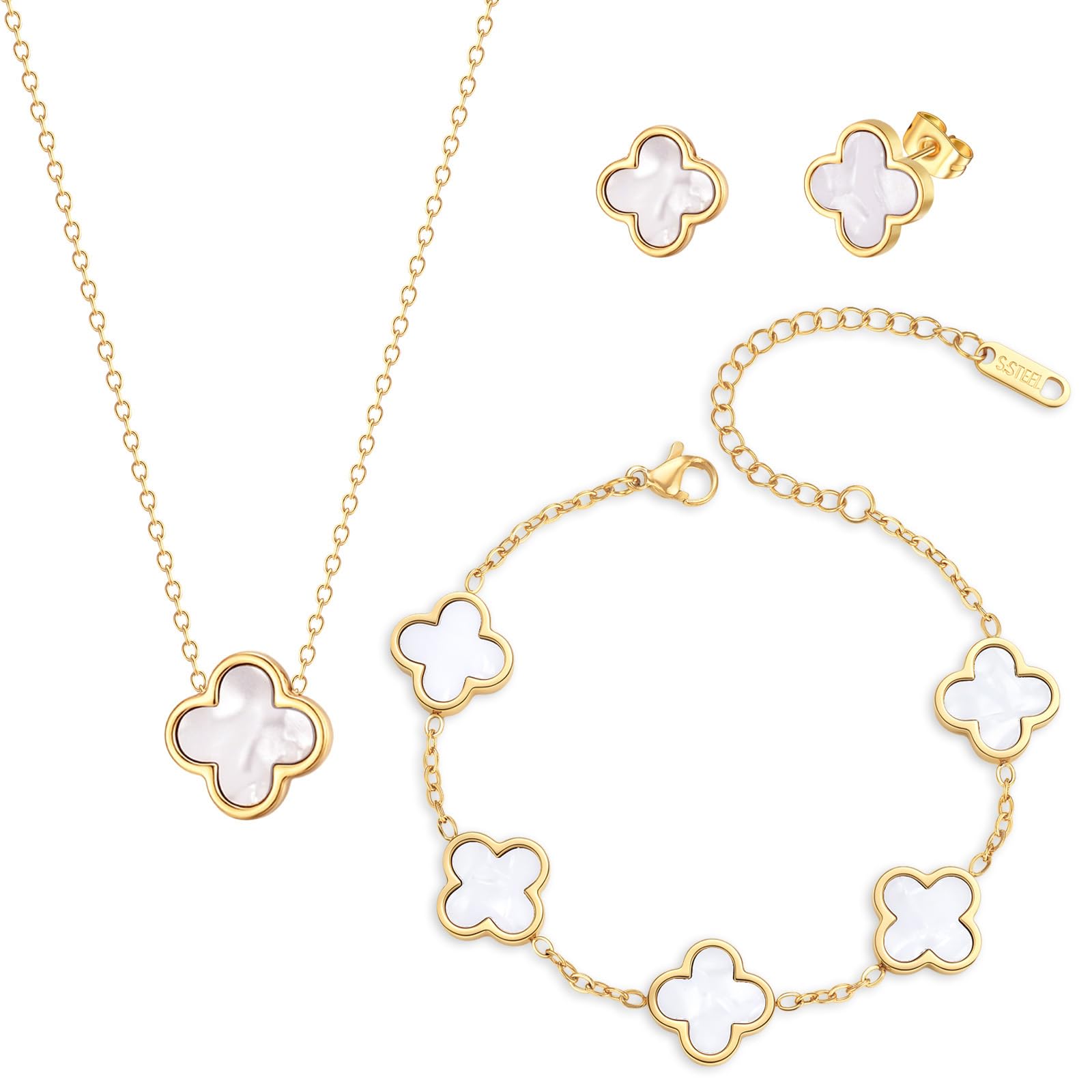 Clover Necklace Bracelet and Stud Earrings Jewelry Sets for Women