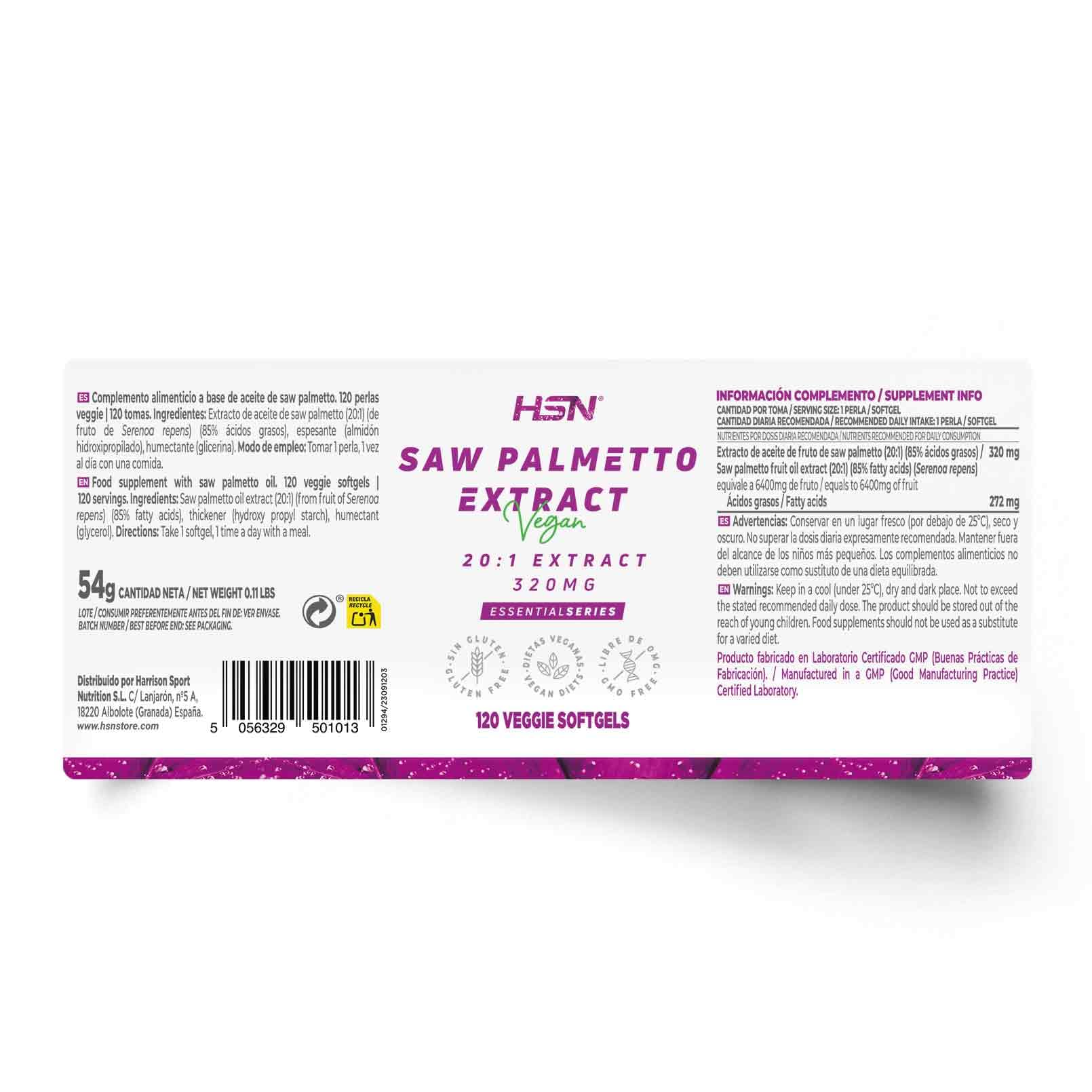 HSN Saw Palmetto 320mg - Serenoa repens – 100% Extracto de Baya | 120 Perlas Vegetales - 85% Ácidos Grasos (Ácido Oleico y Ácido laurico) - 20x Veces Más Concentrado | No-GMO, Vegano, Sin Gluten