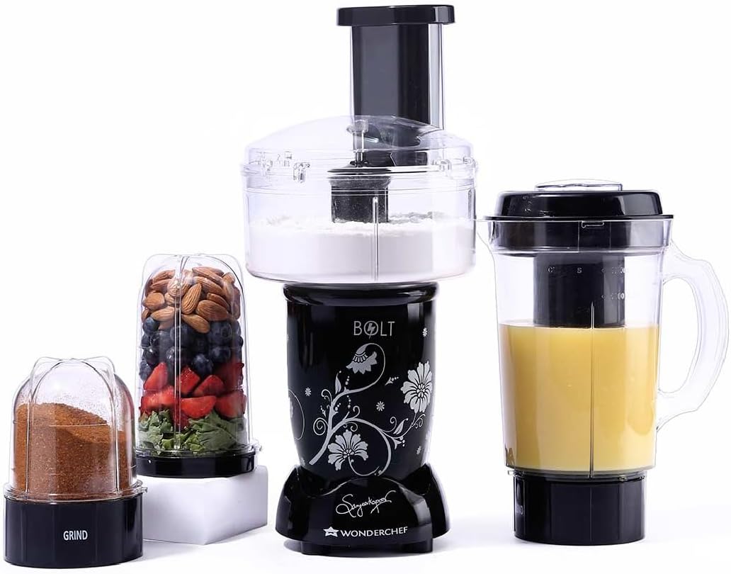 Wonderchef Nutri-blend BOLT Food Processor & Atta Kneader | 600W Powerful 100% Full Copper Motor | 22000 RPM Mixer grinder, Blender & Chopper | SS Blades | 4 unbreakable jars with Sipper lid | 2 Years warranty | Recipe book by Chef Sanjeev Kapoor | Black
