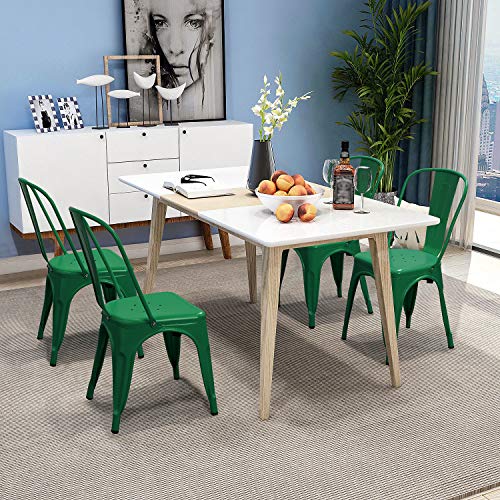 Image of Devoko Metal Indoor-Outdoor Chairs - Distressed Style Kitchen Dining Set of 4 Stackable Side Chairs with Back (Green)
