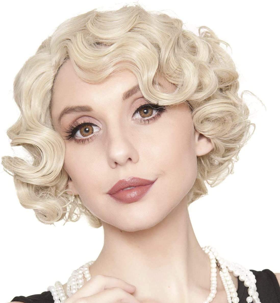 Kaneles Short Blonde Curly Wig Finger Wave Synthetic Hair for Women 1920s Halloween Cosplay Costume Party Come with Wig Cap (Blonde)