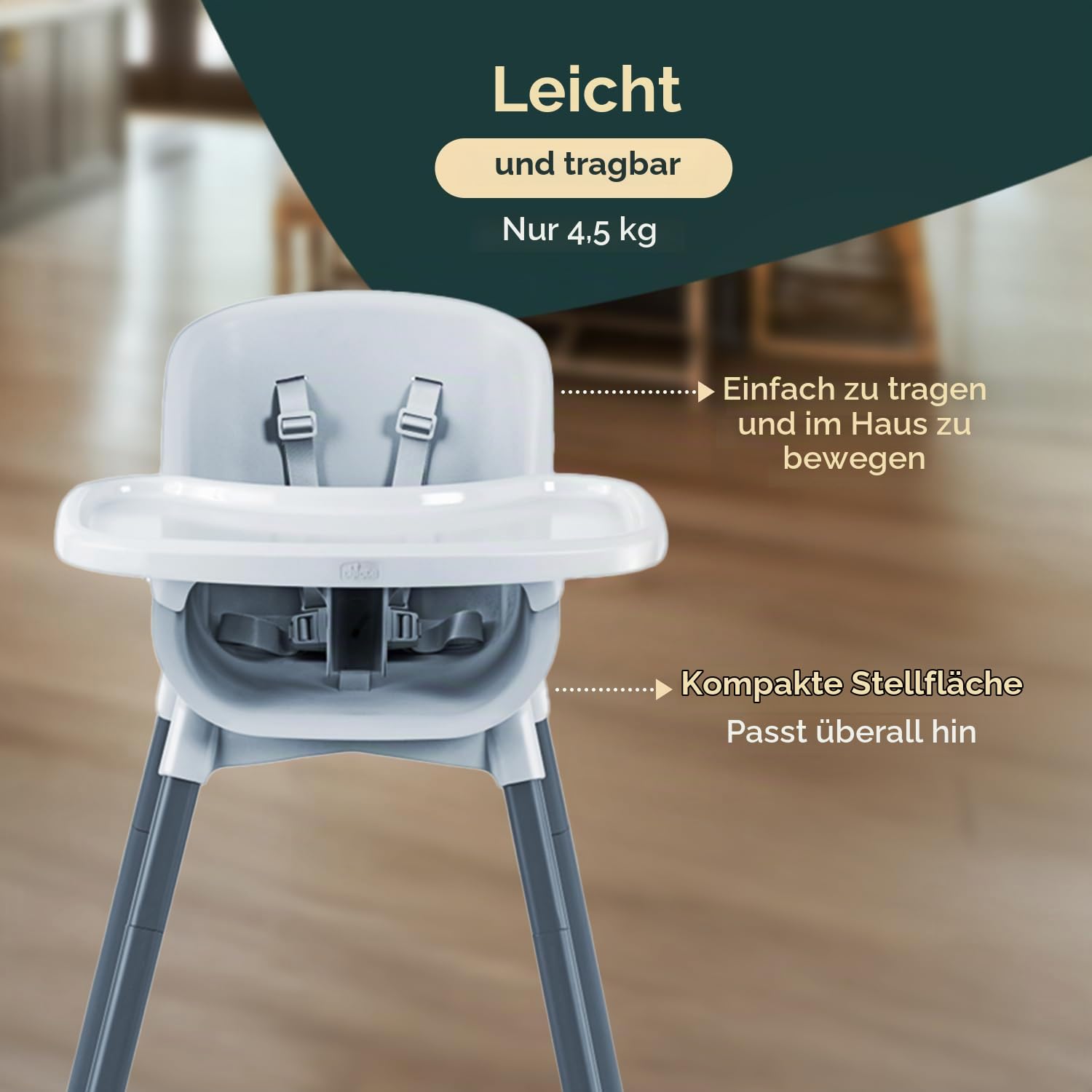 Chicco Zest Kinderhochstuhl für Babys ab 6 Monaten bis 40kg, Leichter Hochstuhl mit verstellbarer Höhe und abnehmbarem Tablett, 5-Punkt-Gürtel, wiegt nur 4,5 kg, Kompakt verstaubar, Modernes Design
